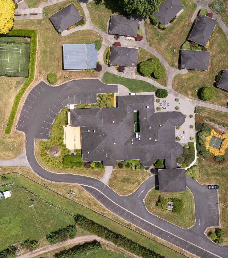Aerial view of the villas and facilities at Karapiro Villas Resort