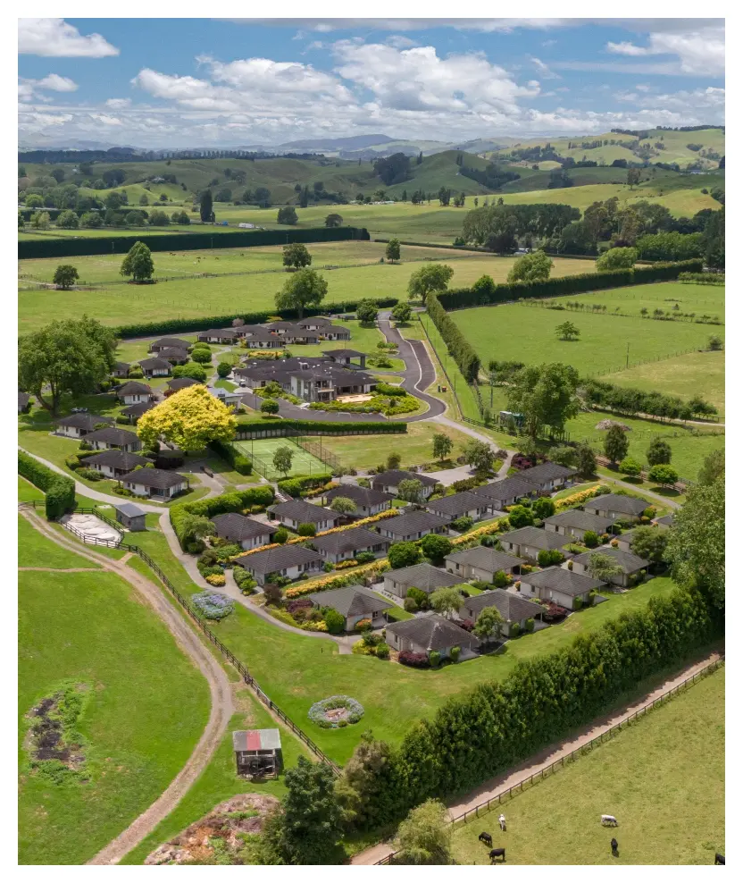 Aerial view of Karapiro Villas Resort in the Waikato countryside