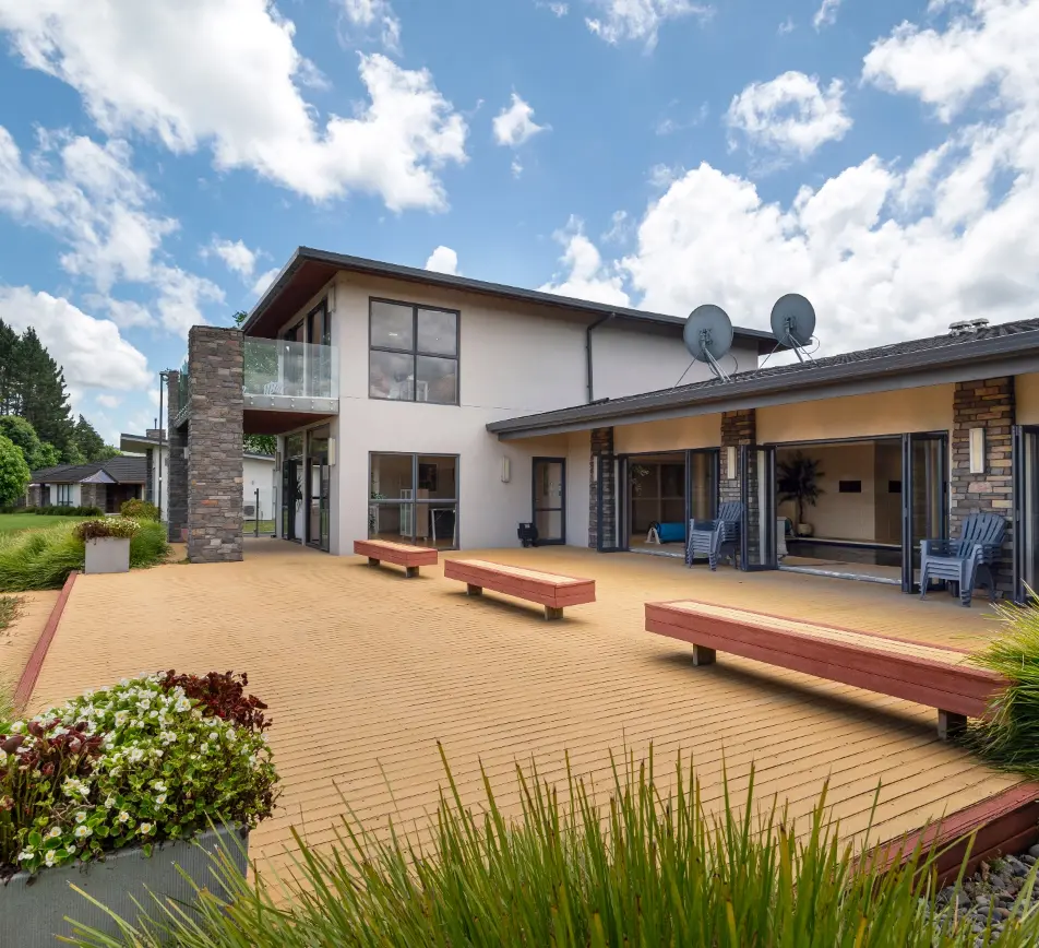 Main resort facilities and outdoor terrace at Karapiro Villas Resort
