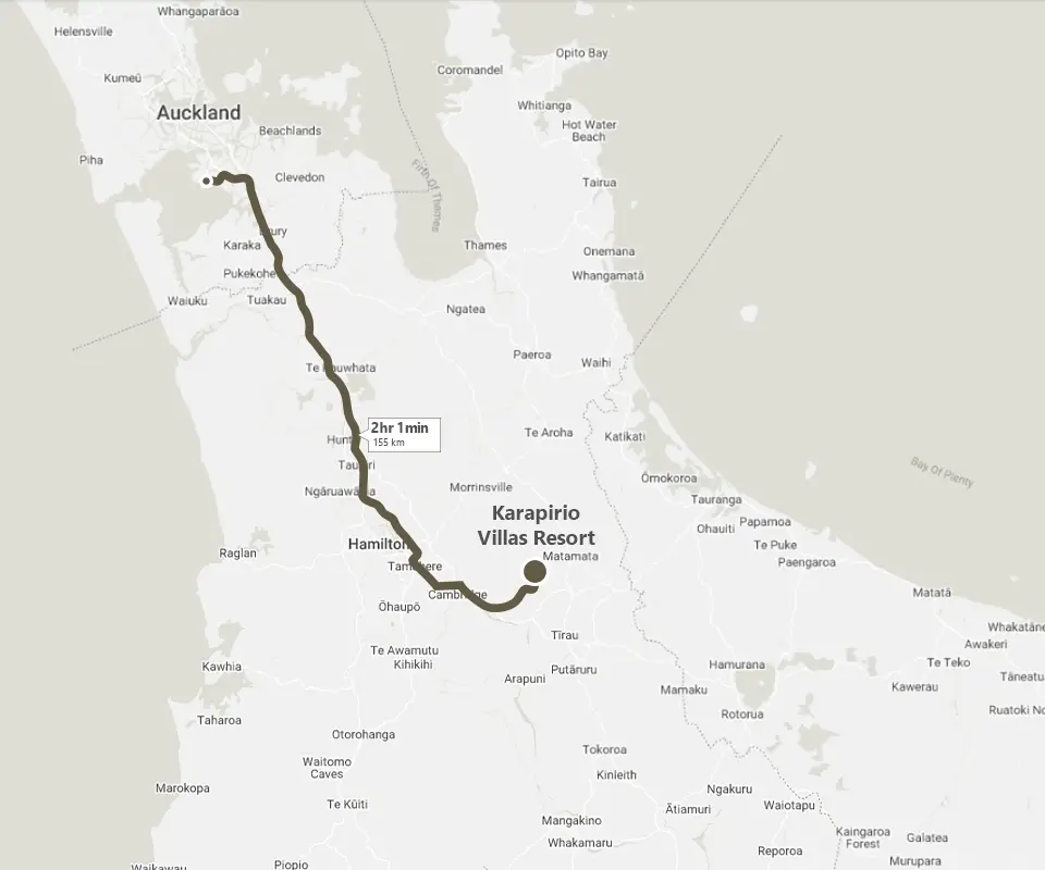 Map showing the route from Auckland Airport to Karapiro Villas Resort